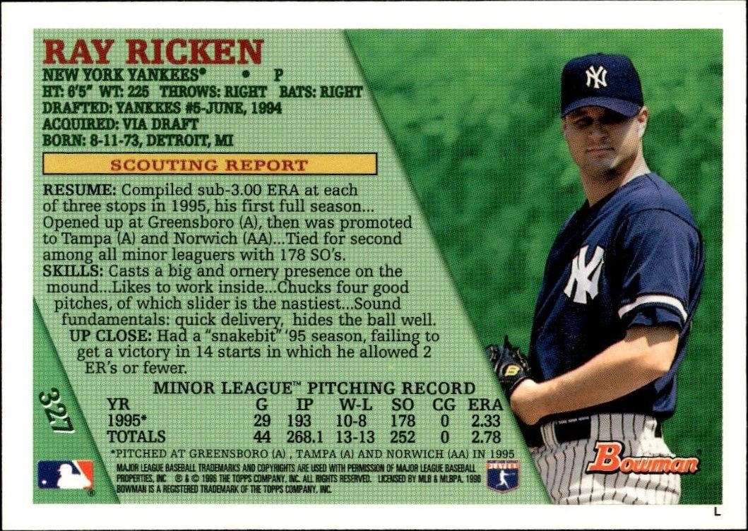 1996 Bowman Ray Ricken #327 baseball trading card back