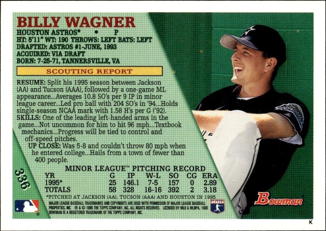 1996 Bowman Billy Wagner #336 baseball trading card back