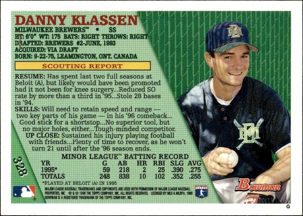 1996 Bowman Danny Klassen #328 baseball trading card back