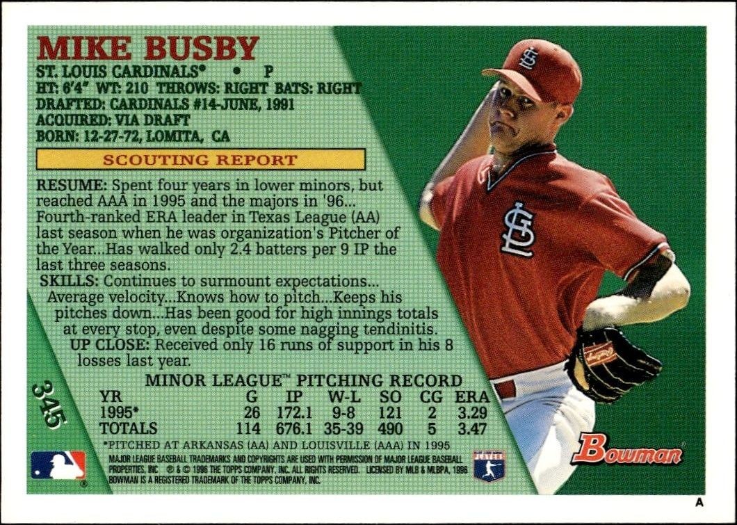 1996 Bowman Mike Busby #345 baseball trading card back