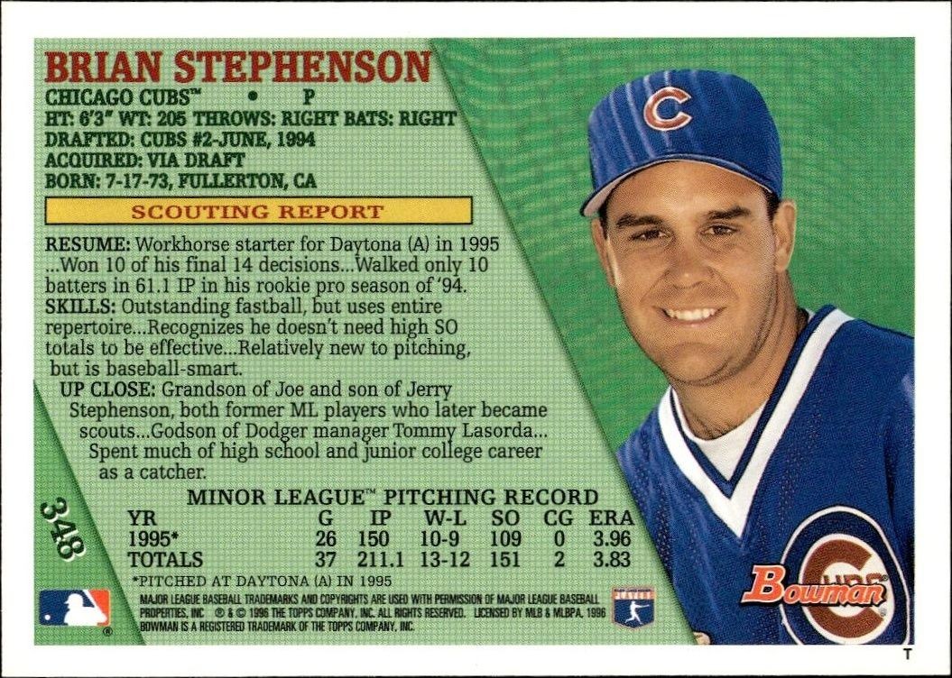 1996 Bowman Brian Stephenson #348 baseball trading card back