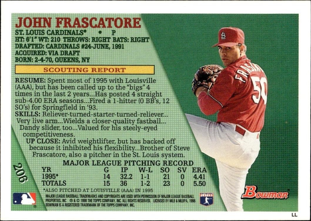1996 Bowman John Frascatore #206 baseball trading card back