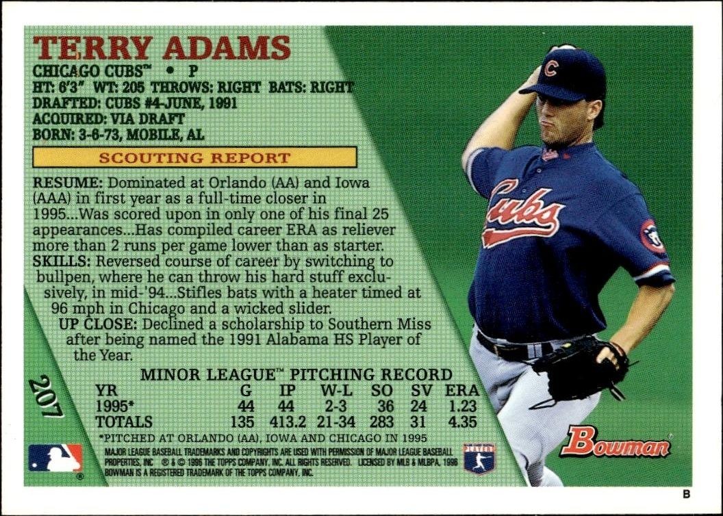 1996 Bowman Terry Adams #207 baseball trading card back