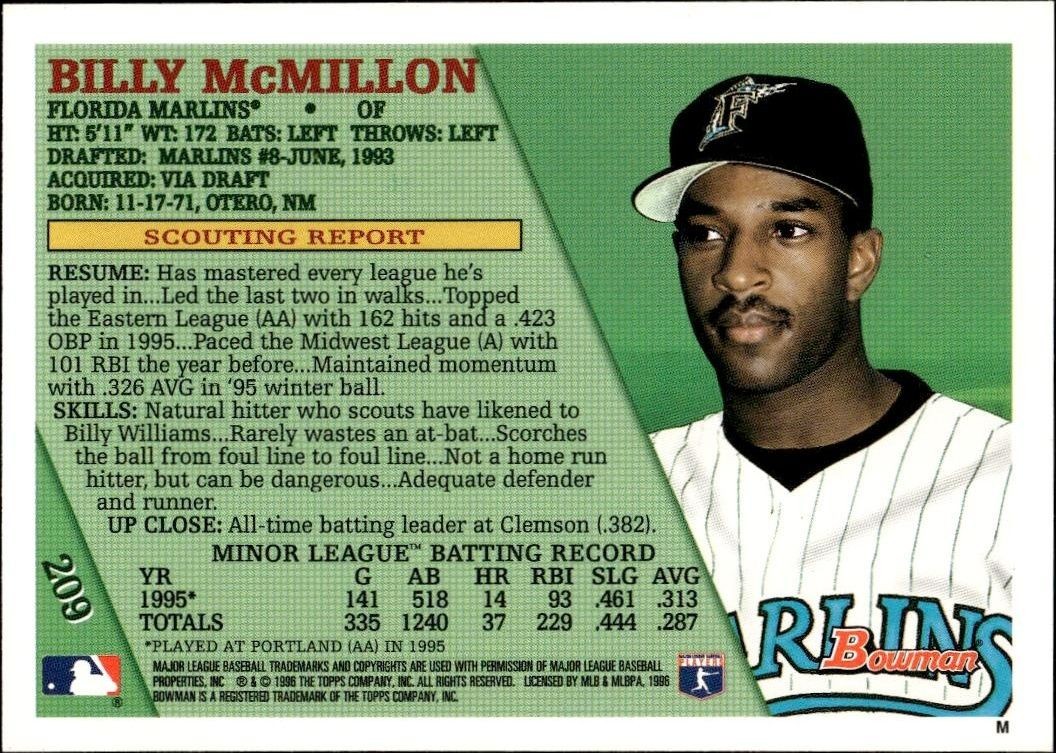 1996 Bowman Billy McMillon #209 baseball trading card back