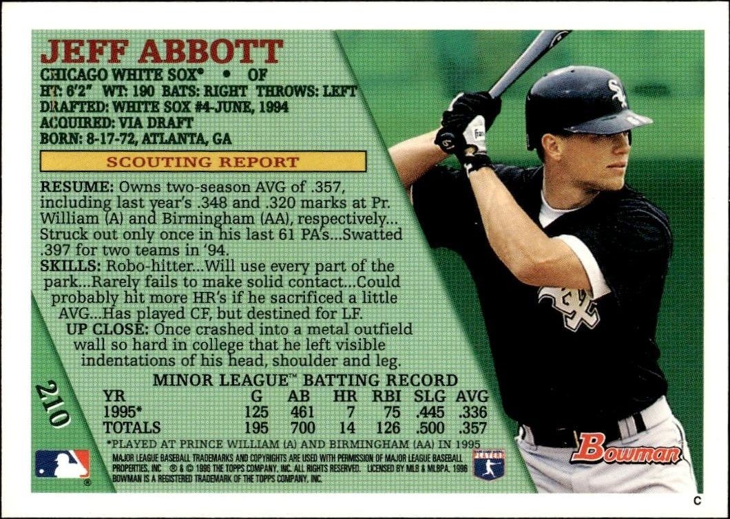 1996 Bowman Jeff Abbott #210 baseball trading card back