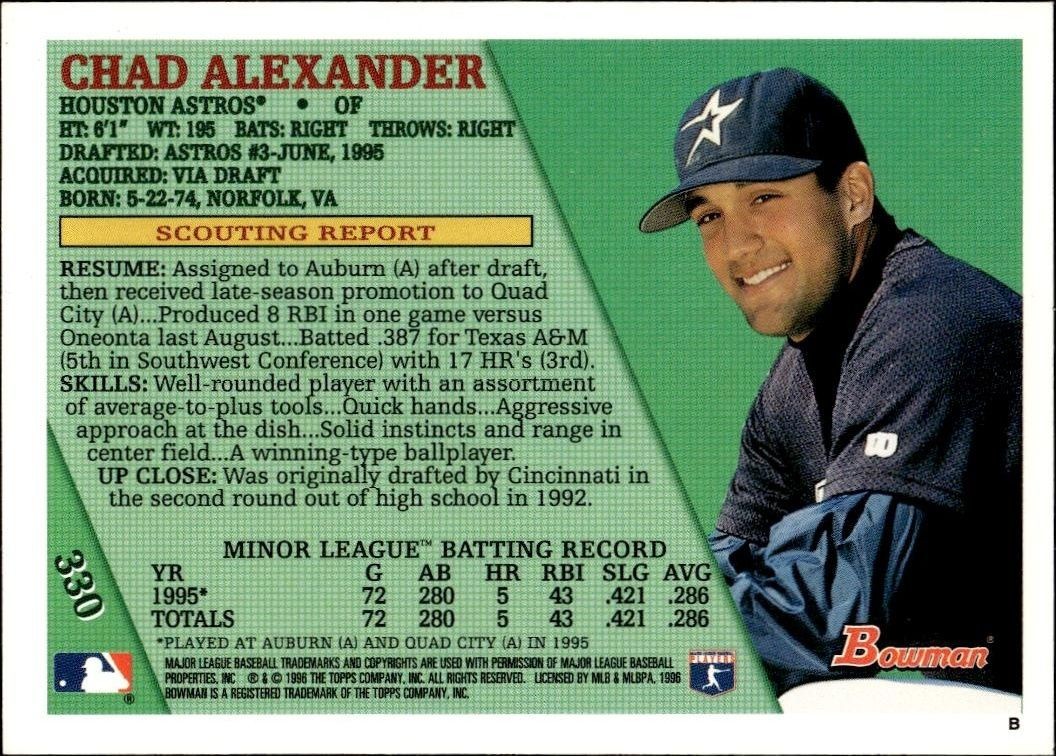 1996 Bowman Chad Alexander #330 baseball trading card back