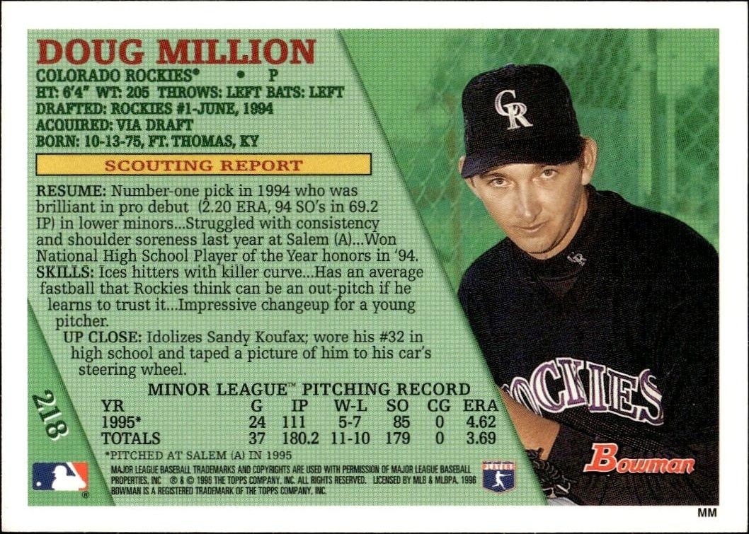 1996 Bowman Doug Million #218 baseball trading card back