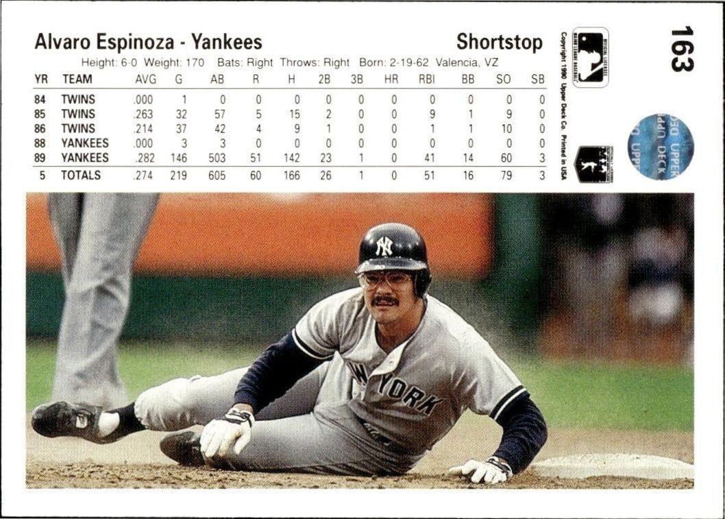 1990 Upper Deck Alvaro Espinoza #163 baseball trading card back