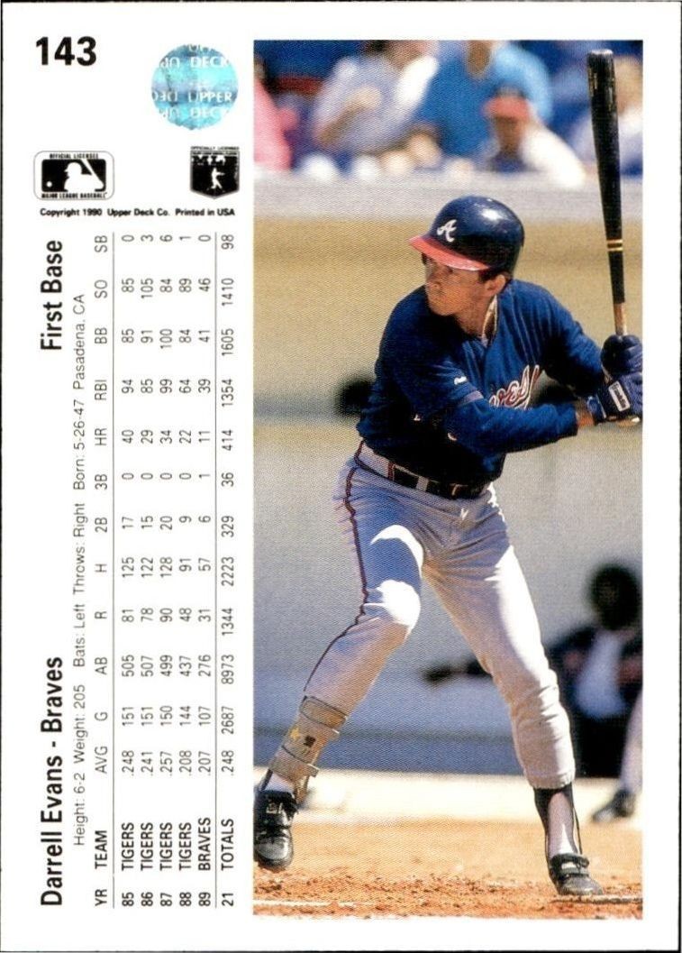 1990 Upper Deck Darrell Evans #143 baseball trading card back