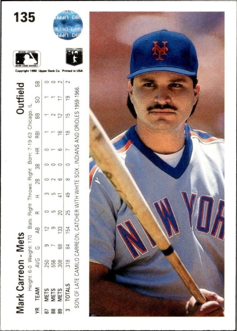 1990 Upper Deck Mark Carreon #135 baseball trading card back