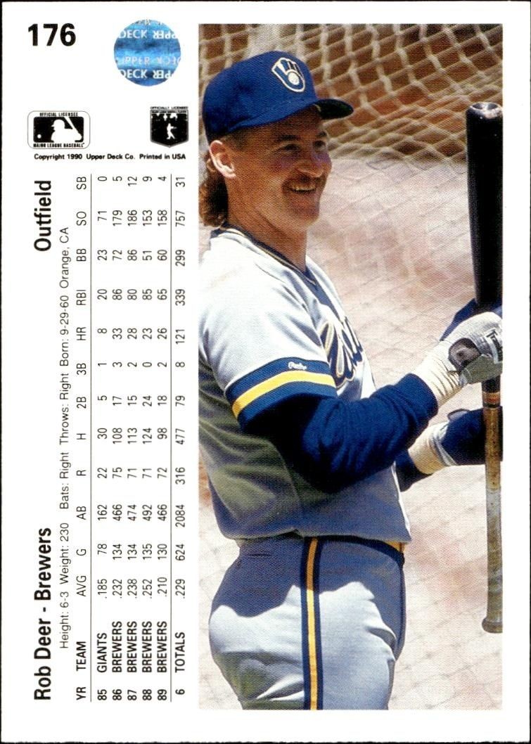 1990 Upper Deck Rob Deer #176 baseball trading card back