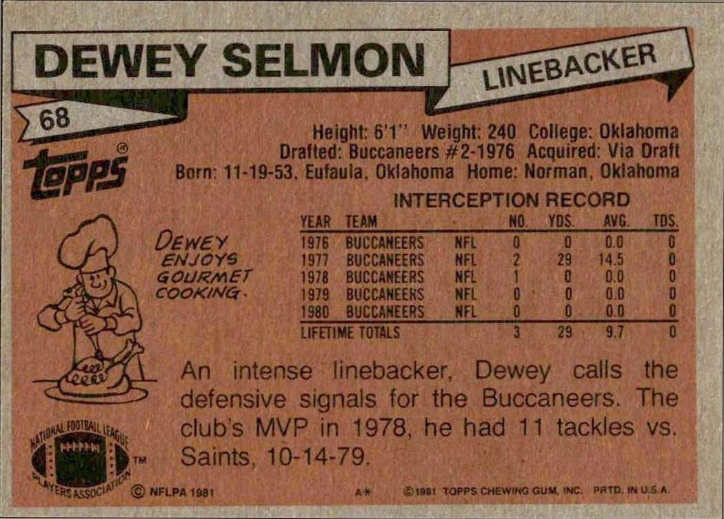 1981 Topps Dewey Selmon #68 football trading card back