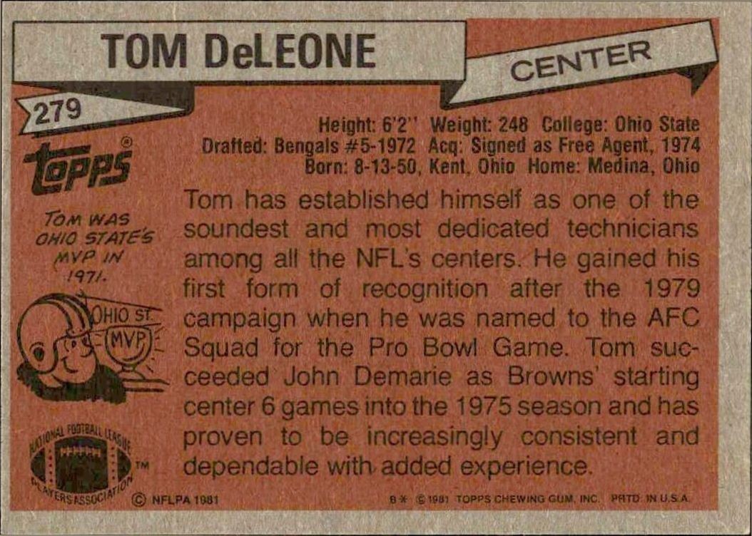 1981 Topps Tom DeLeone #279 football trading card back