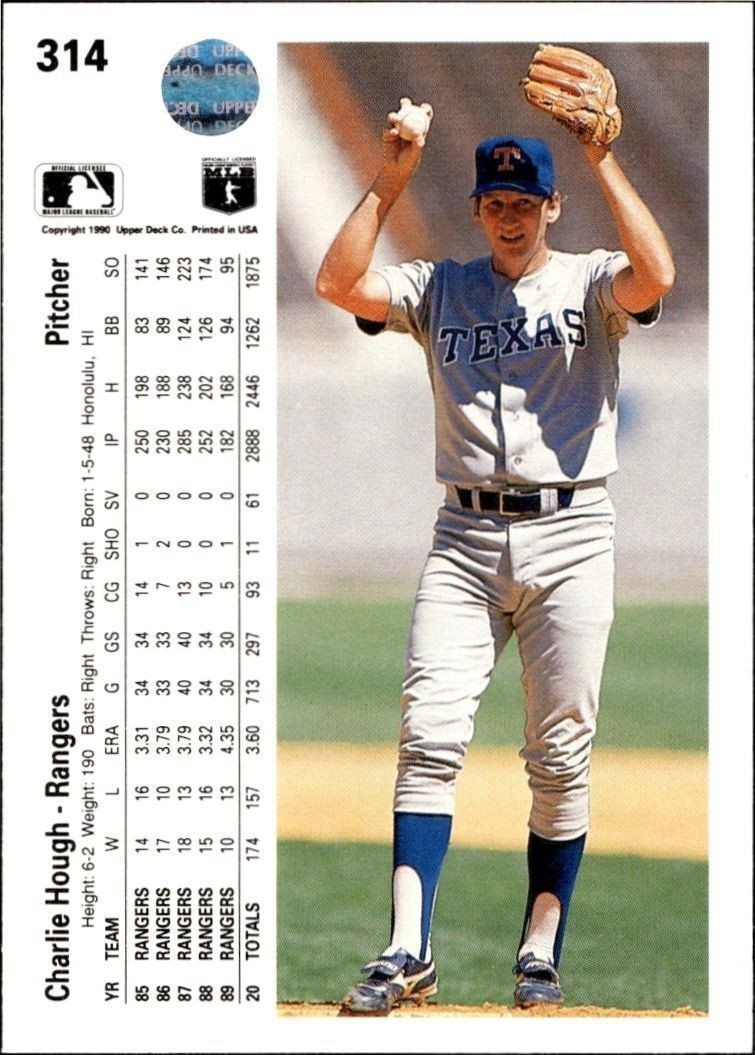 1990 Upper Deck Charlie Hough #314 baseball trading card back