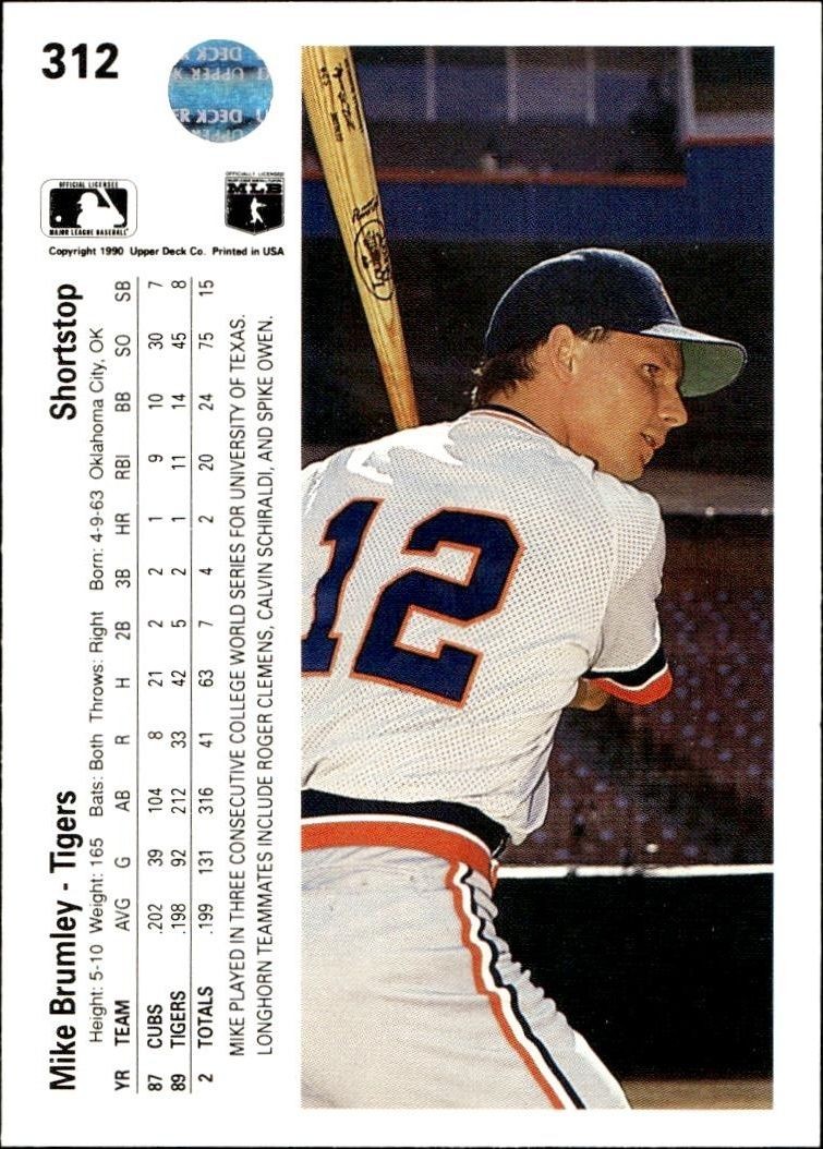 1990 Upper Deck Mike Brumley #312 baseball trading card back