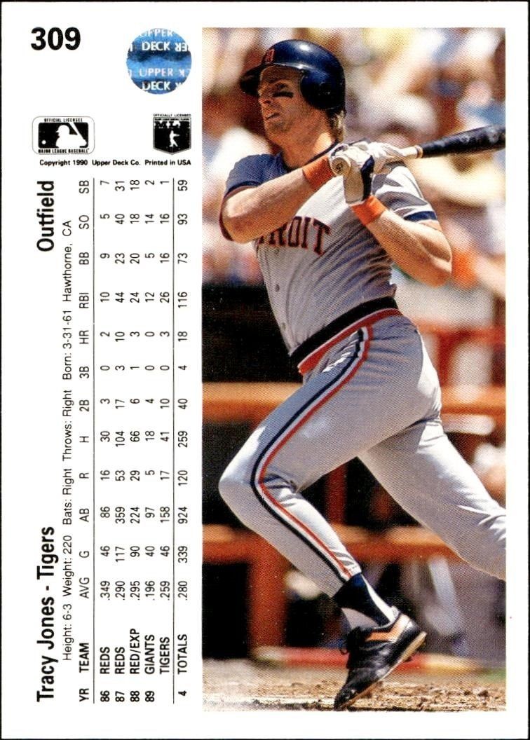 1990 Upper Deck Tracy Jones #309 baseball trading card back