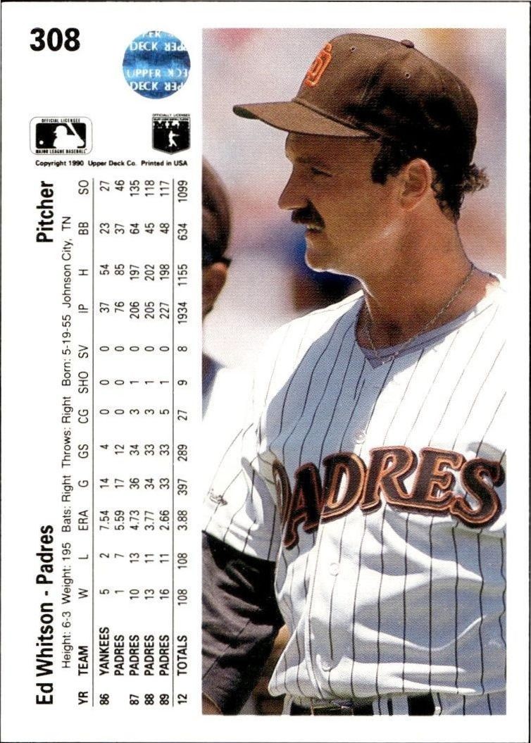 1990 Upper Deck Ed Whitson #308 baseball trading card back