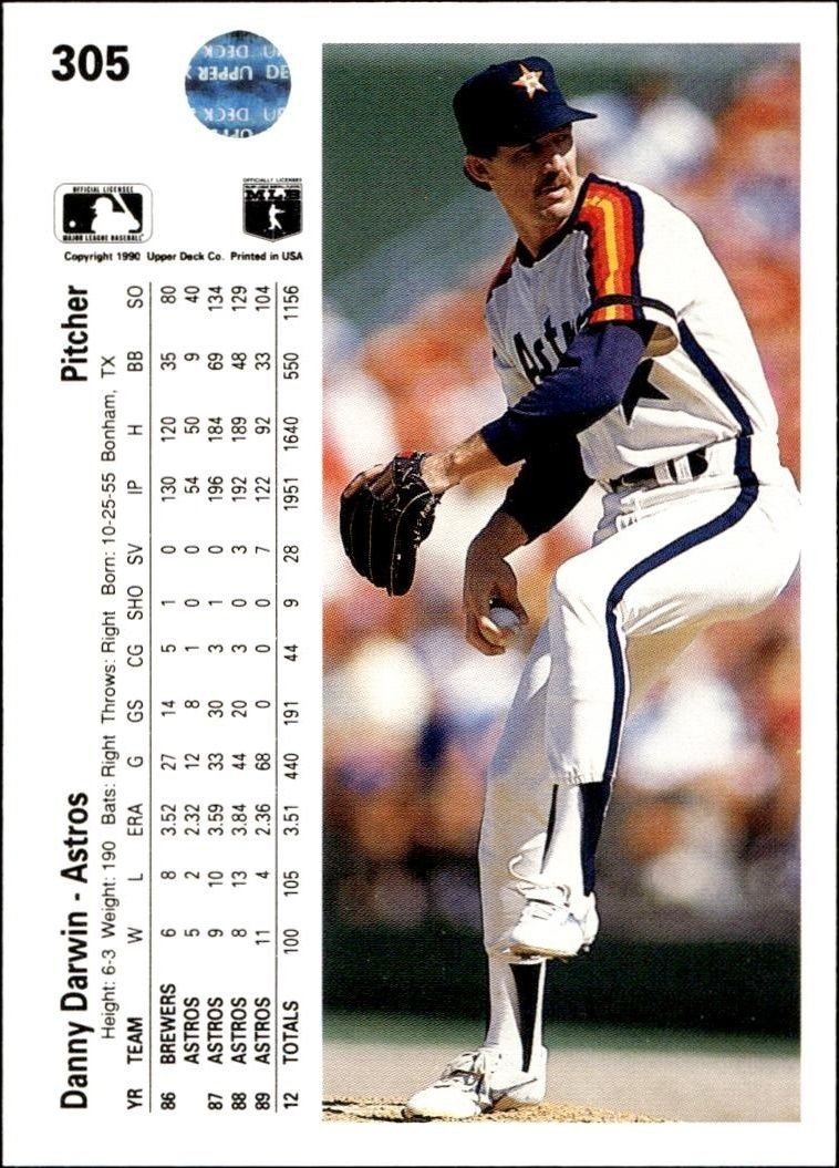 1990 Upper Deck Danny Darwin #305 baseball trading card back
