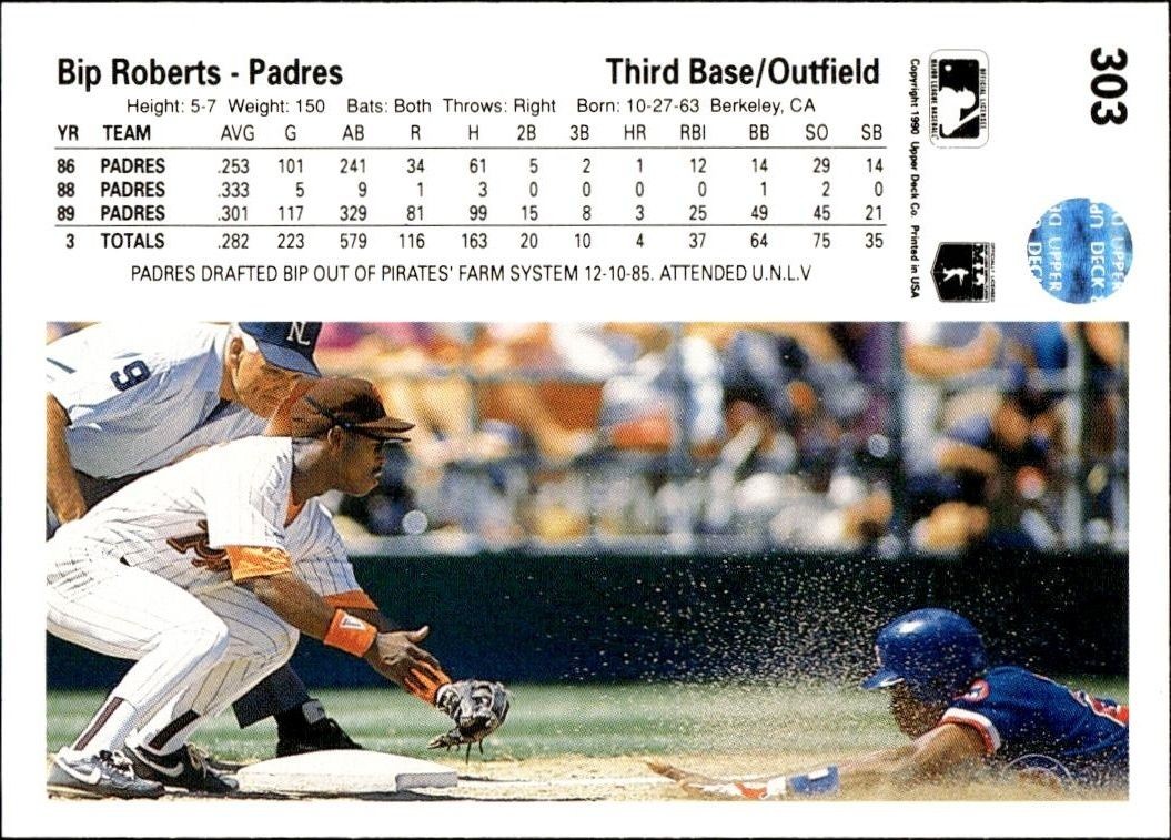1990 Upper Deck Bip Roberts #303 baseball trading card back