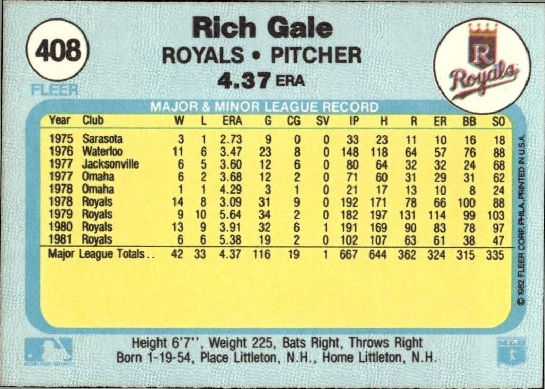 1982 Fleer Rich Gale #408 baseball trading card back