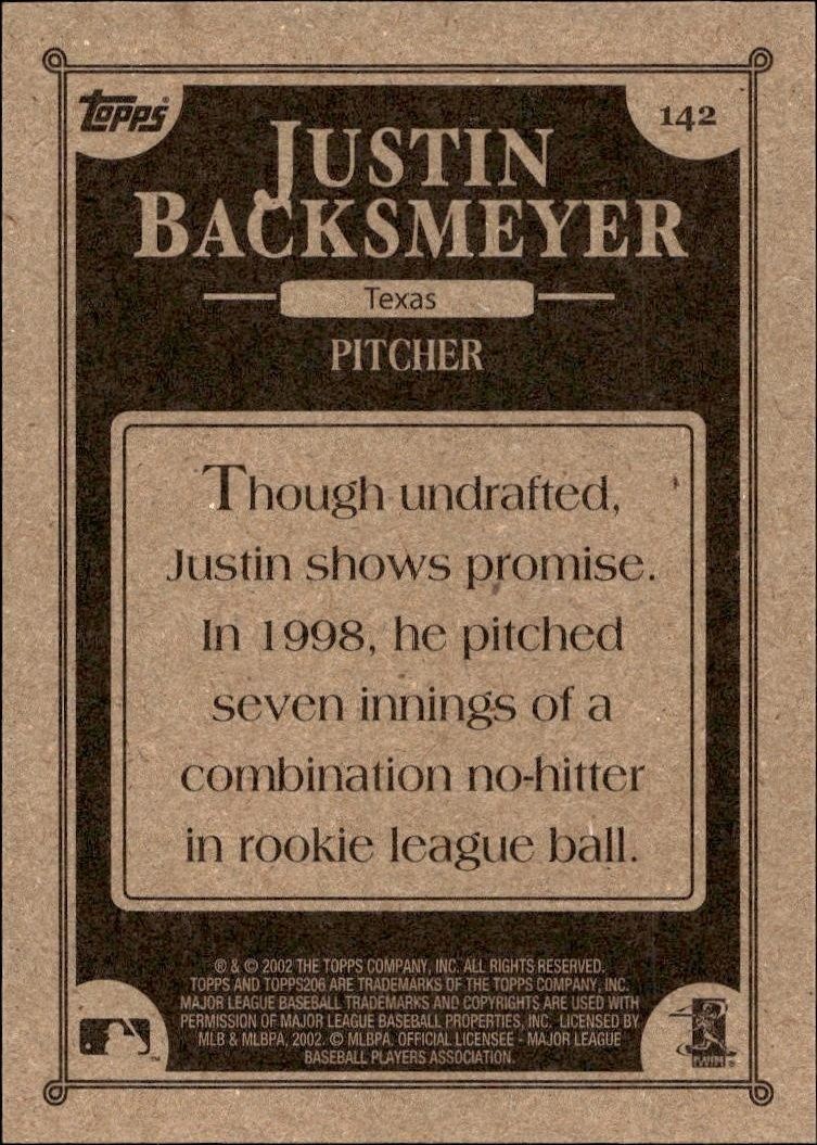 2002 Topps 206 Justin Backsmeyer #142 baseball trading card back