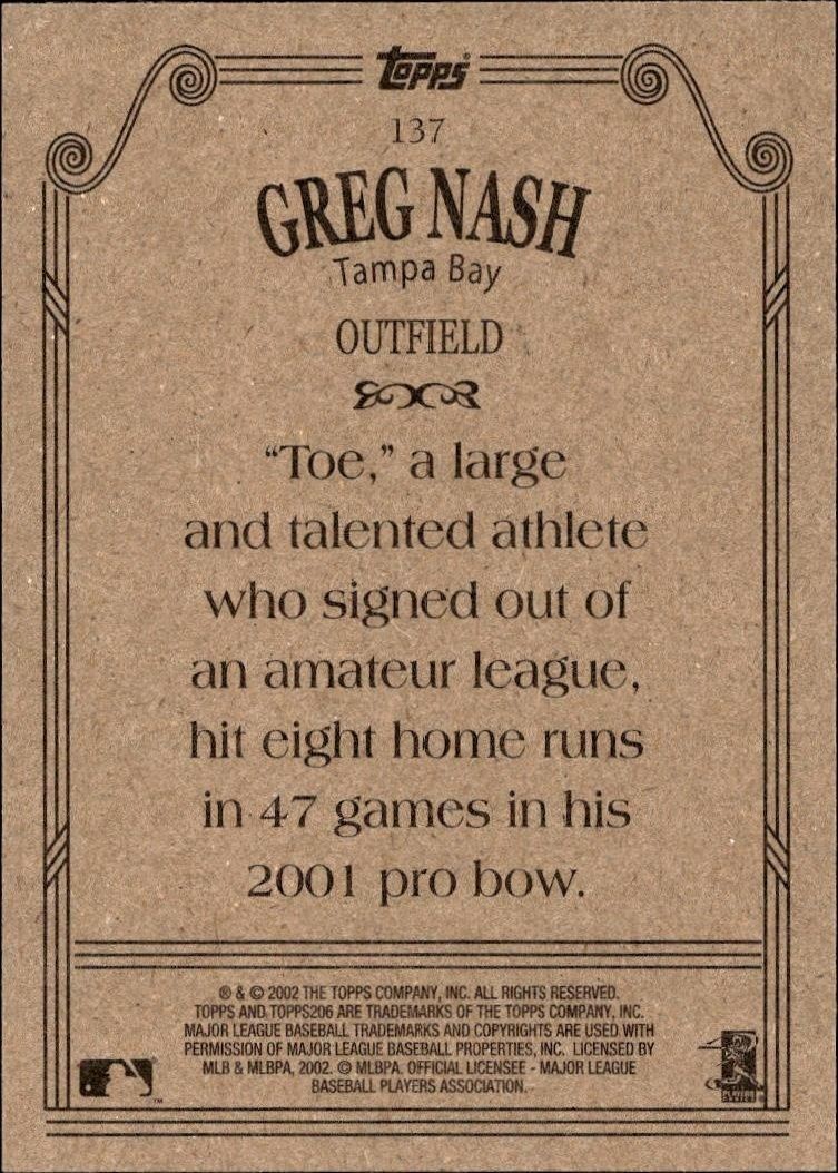 2002 Topps 206 Greg Nash #137 baseball trading card back