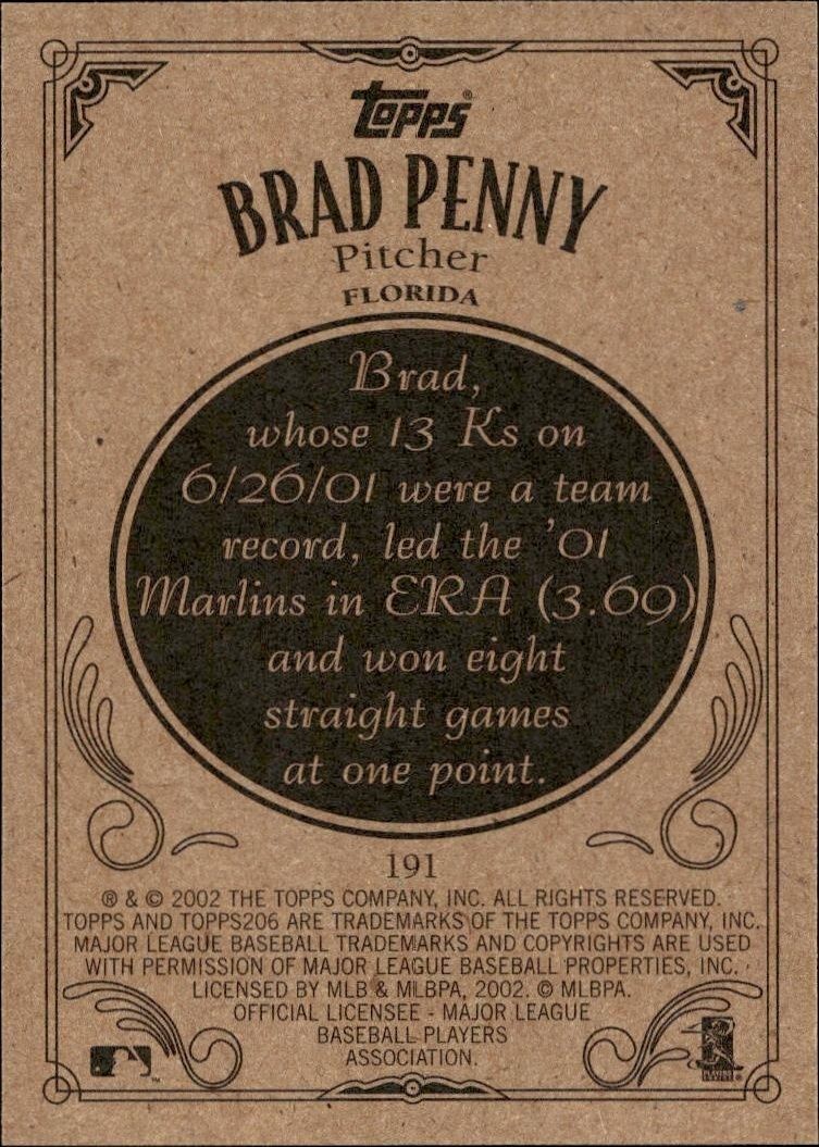2002 Topps 206 Brad Penny #191 baseball trading card back