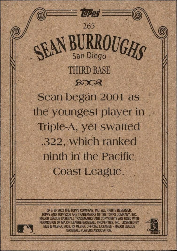 2002 Topps 206 Sean Burroughs #265 baseball trading card back