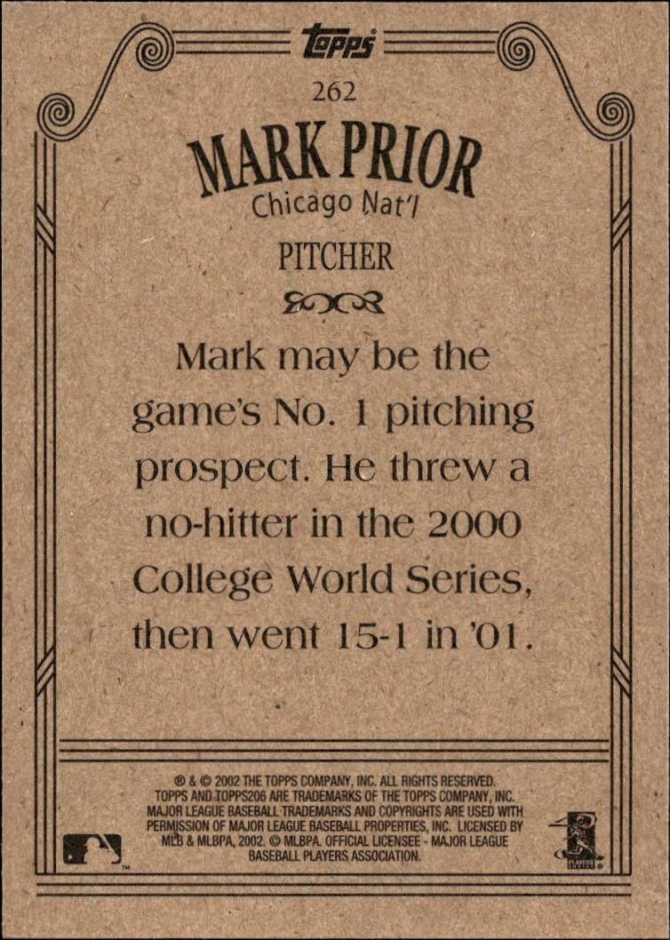 2002 Topps 206 Mark Prior #262 baseball trading card back