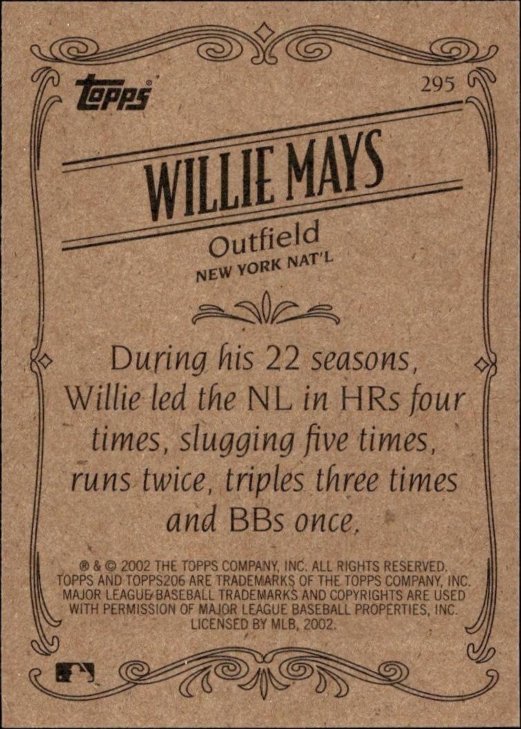 2002 Topps 206 Willie Mays #295 baseball trading card back