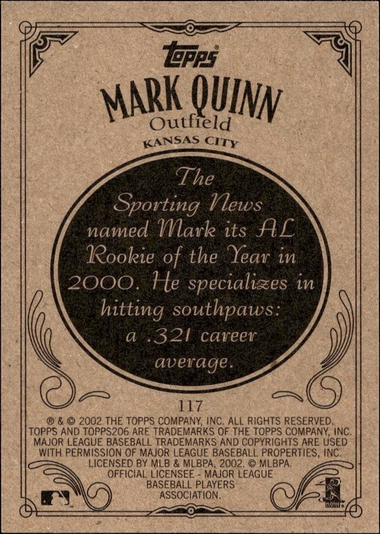 2002 Topps 206 Mark Quinn #117 baseball trading card back