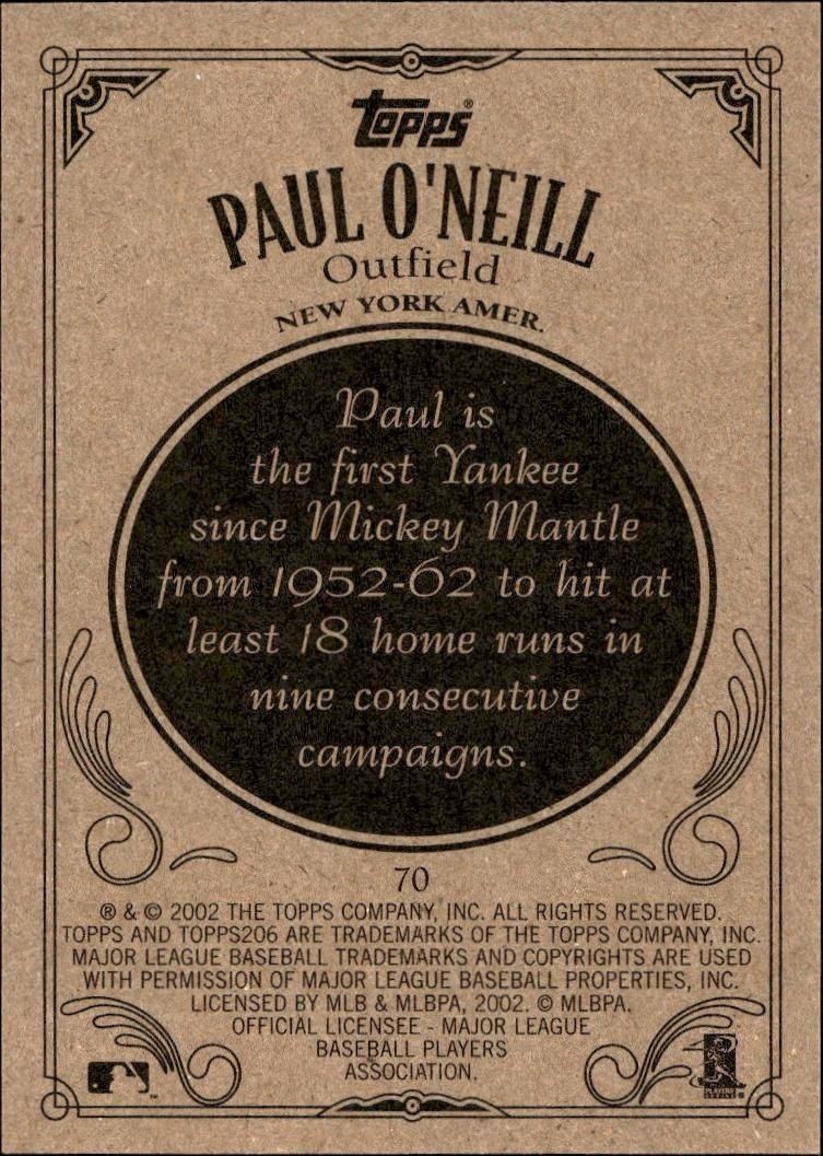 2002 Topps 206 Paul O'Neill #70 baseball trading card back