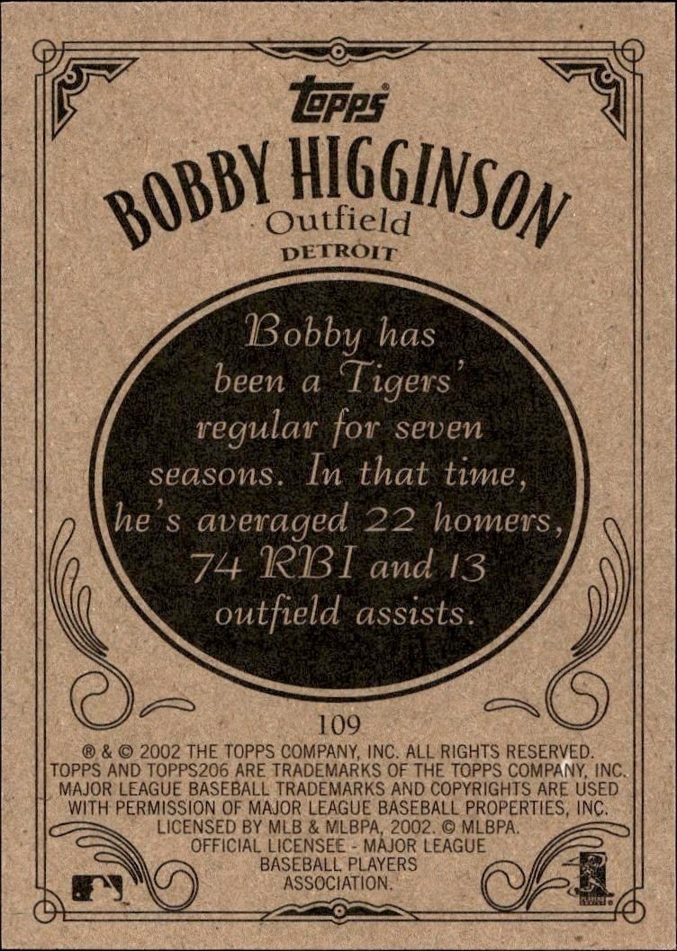 2002 Topps 206 Bobby Higginson #109 baseball trading card back