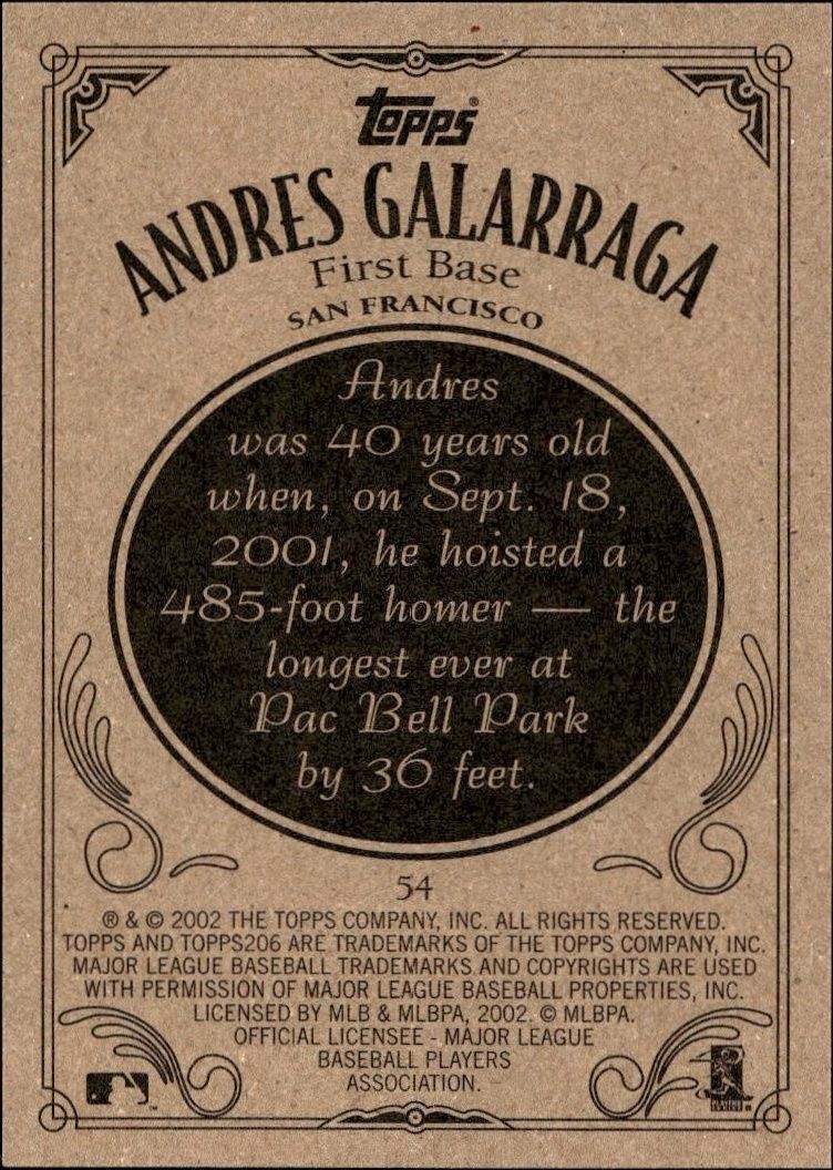 2002 Topps 206 Andres Galarraga #54 baseball trading card back