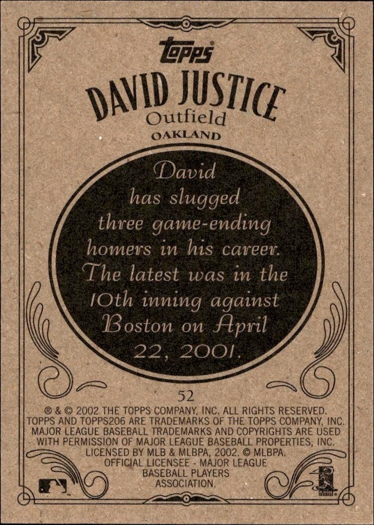 2002 Topps 206 David Justice #52 baseball trading card back