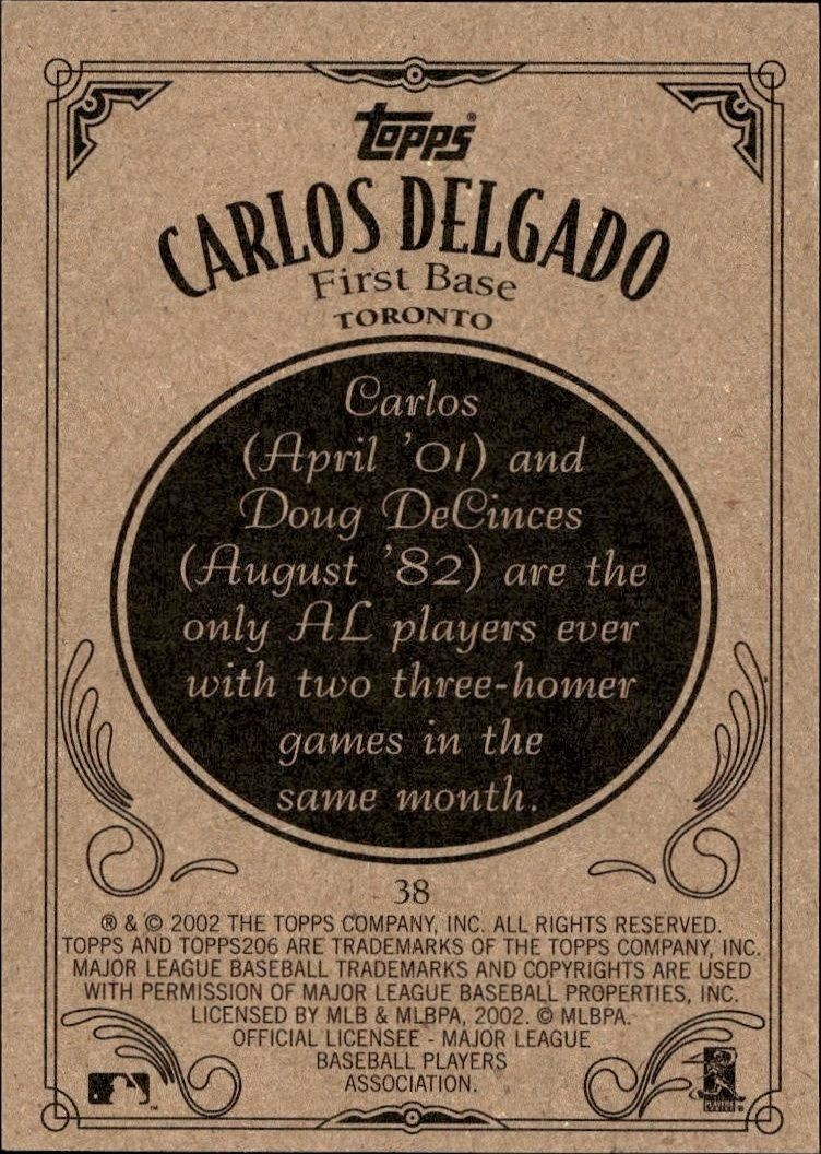 2002 Topps 206 Carlos Delgado #38 baseball trading card back