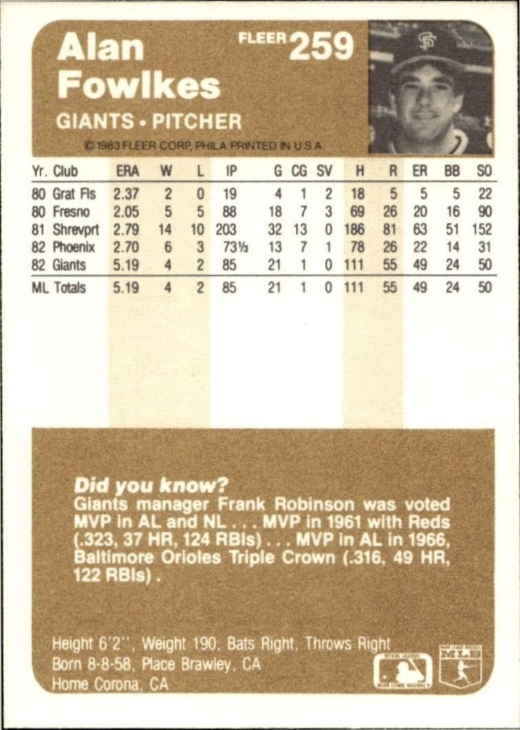 1983 Fleer Alan Fowlkes #259 baseball trading card back