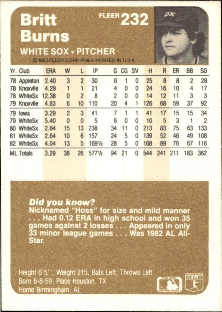 1983 Fleer Britt Burns #232 baseball trading card back