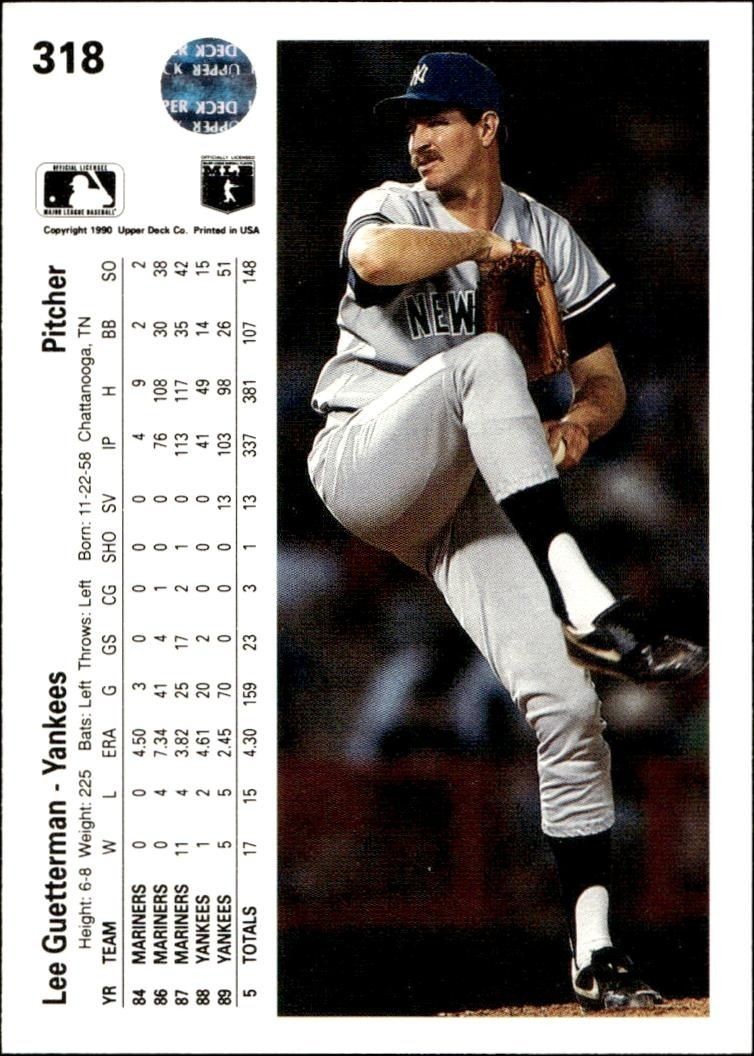 1990 Upper Deck Lee Guetterman #318 baseball trading card back