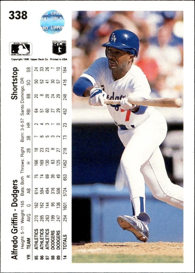 1990 Upper Deck Alfredo Griffin #338 baseball trading card back