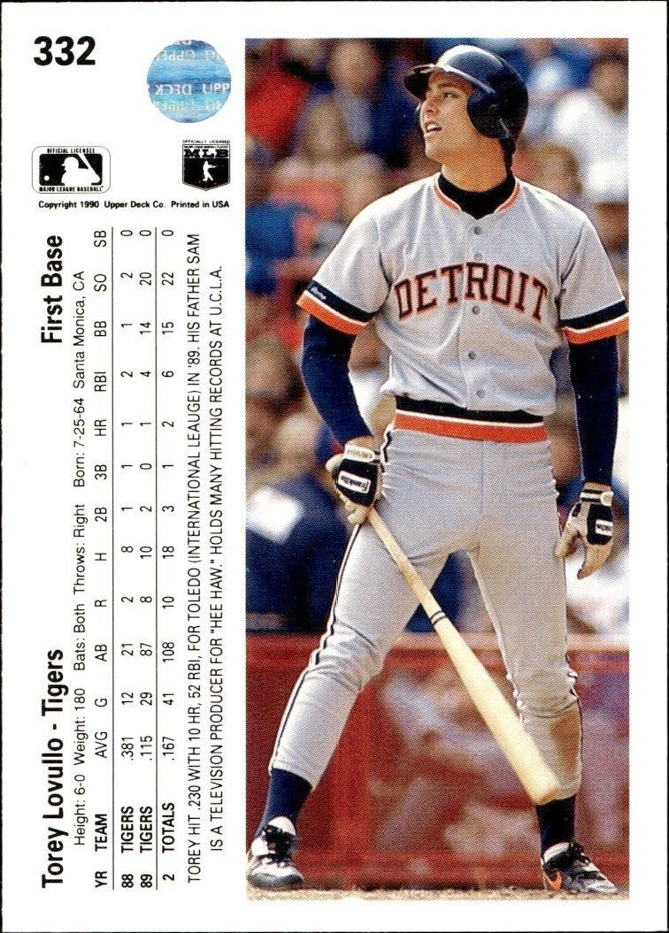 1990 Upper Deck Torey Lovullo #332 baseball trading card back