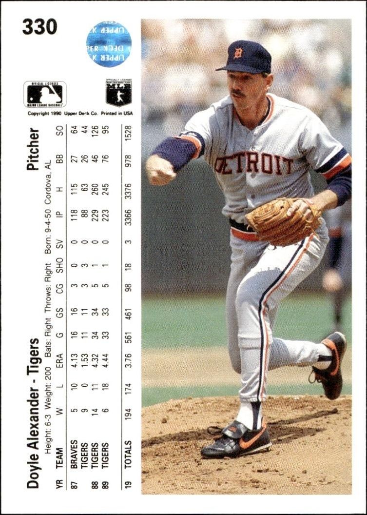 1990 Upper Deck Doyle Alexander #330 baseball trading card back