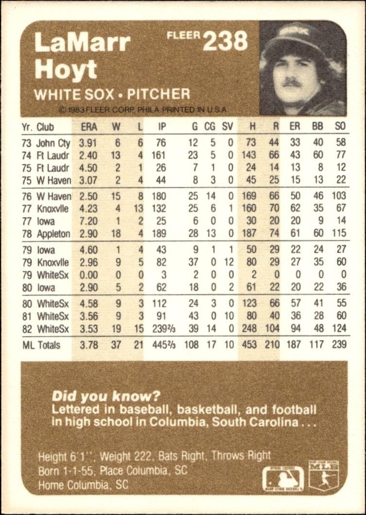 1983 Fleer LaMarr Hoyt #238 baseball trading card back