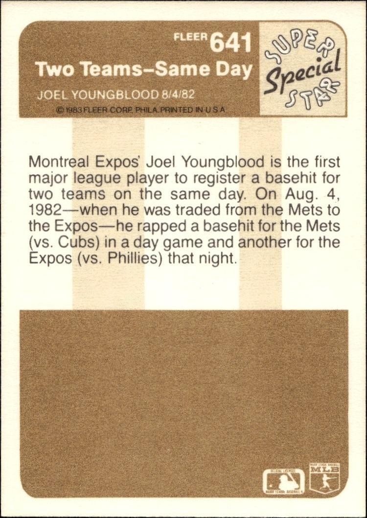 1983 Fleer Joel Youngblood #641 baseball trading card back