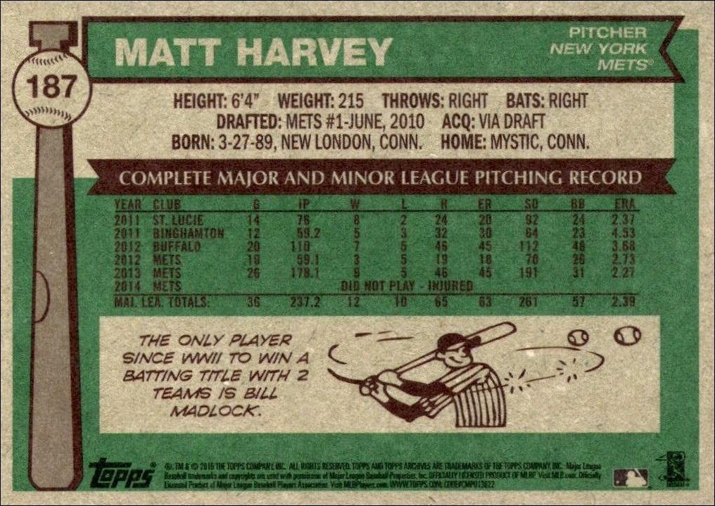 2015 Topps Archives Matt Harvey #187 baseball trading card back