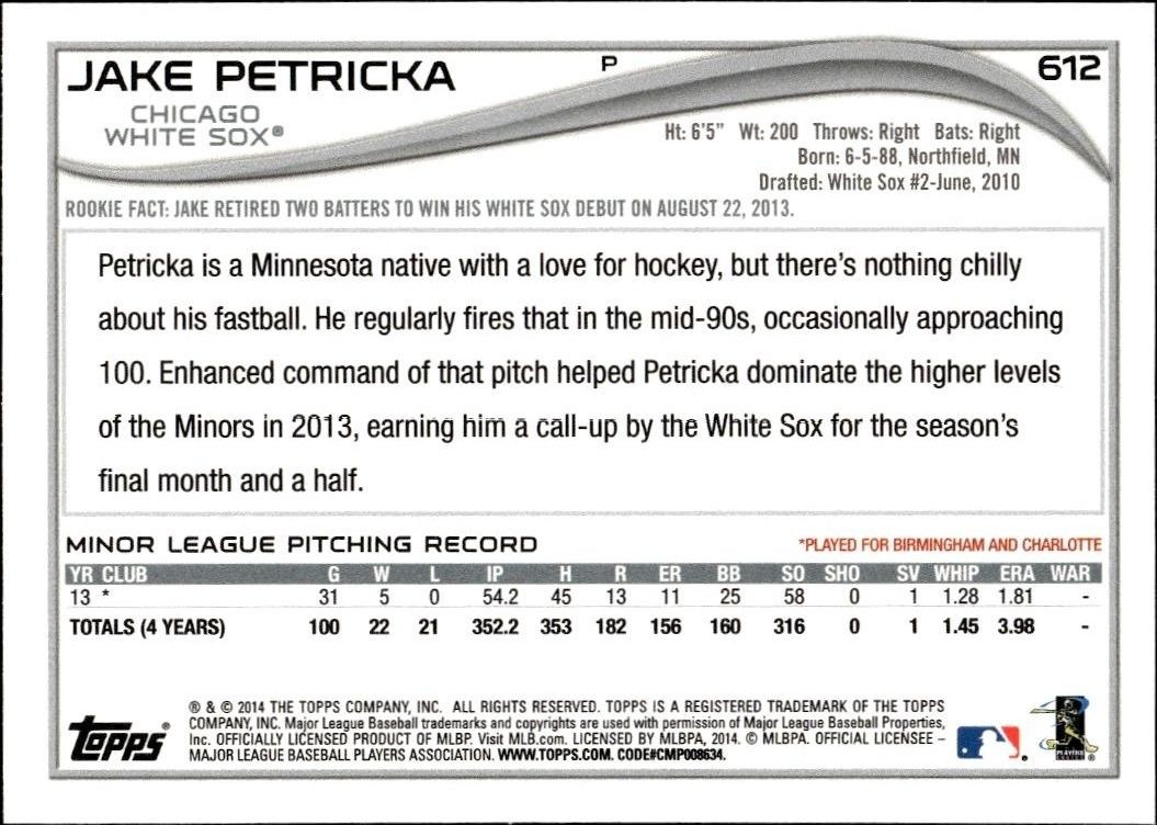 2014 Topps Series 2 Jake Petricka #612 baseball trading card back