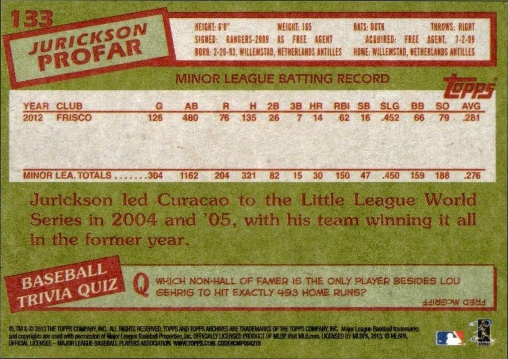 2013 Topps Archives Jurickson Profar #133 baseball trading card back