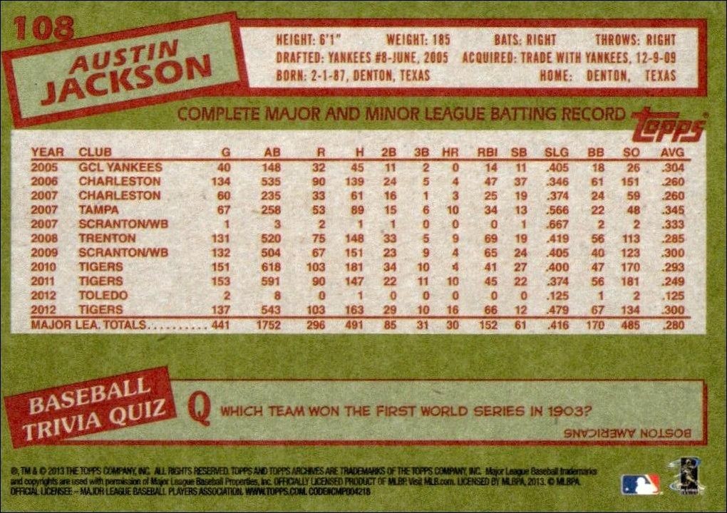 2013 Topps Archives Austin Jackson #108 baseball trading card back