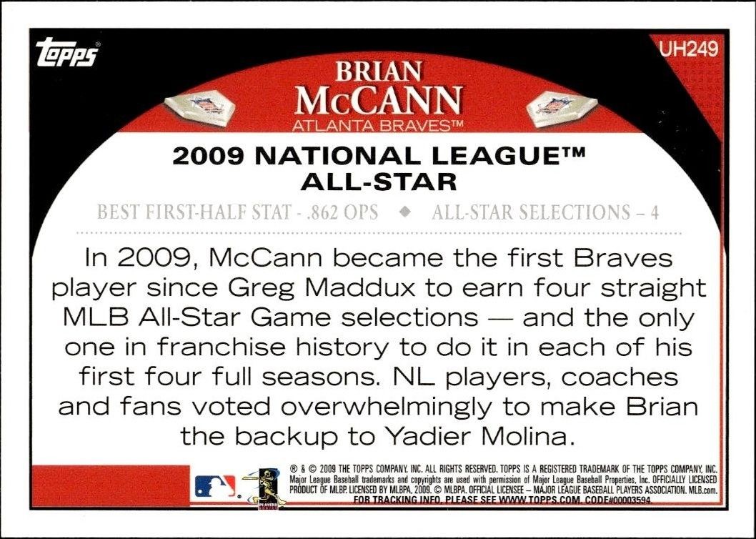 2009 Topps Updates & Highlights Brian McCann #UH249 baseball trading card back