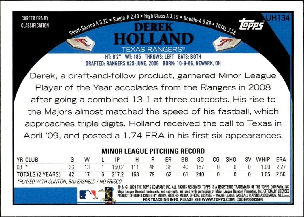 2009 Topps Updates & Highlights Derek Holland #UH134 baseball trading card back